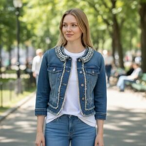 Princess Vera Wang Pearl Embellished Cropped Denim Jacket Blue Y2K Medium